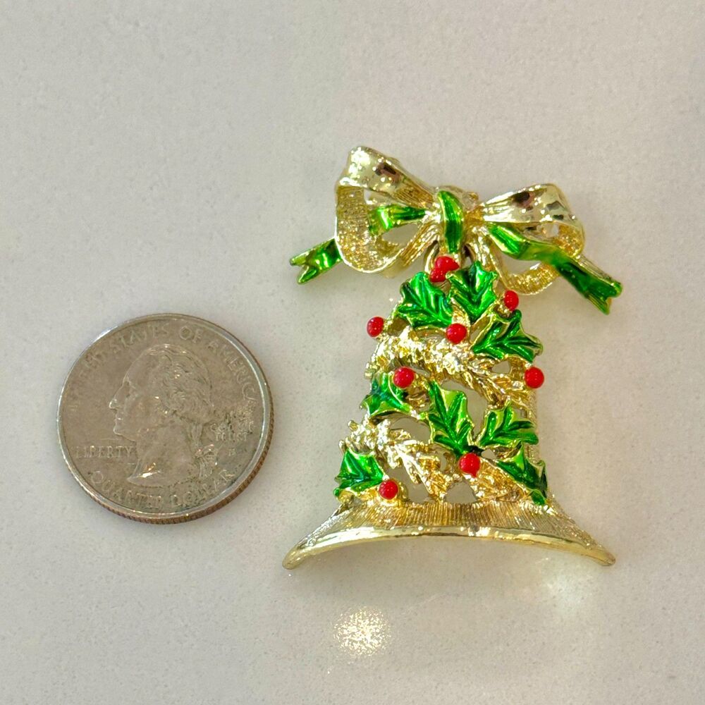 Vintage Gerry's Holiday Christmas Enamel Bell Pin Brooch w Bow 2" Long